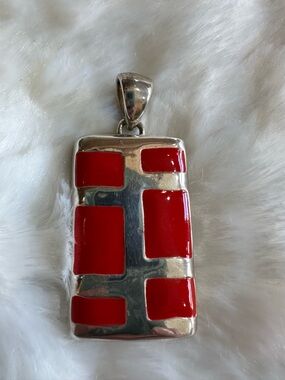 Y2K Bold Red Enamel Silver Tone Rectangle Modernist Pendant
